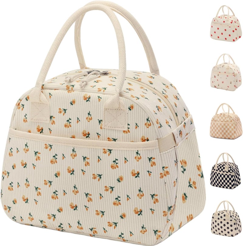 Carry bloom Lunch Box for Women, Insulated Lunch Bag Cute Corduroy Lunchbag Reusable Lunchbox for Work (flower yellow) - Image 1